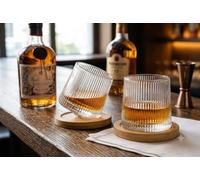 Utilissimi EDITACASA - Set 6 Bicchieri da Liquore con Base in Legno, Bicchieri Bilici Rotanti in Vetro a Coste, Design Elegante per Whisky, Rum e Digestivi, 160 ml, Idea Regalo Premium