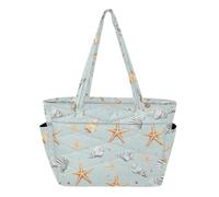 Utility Tote Bag Borsa da viaggio per lavoro con tasca porta bicchiere Piccole stelle marine e conchiglie azzurro