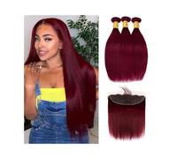 Utilizzo quotidiano 99J Borgogna Fasci lisci con estensioni frontali for capelli umani Vino Rosso 3 fasci con pizzo frontale 13x4 Tessitura for capelli vergini brasiliani per le donne(28 28 28 Closure