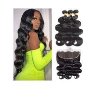 Utilizzo quotidiano Body Wave 3/4 Bundles con Frontale, Bundles di Capelli Umani Brasiliani Neri Naturali con Extension Frontali in Pizzo HD 13x4 Remy per le donne(12 14 16 Closure 10)