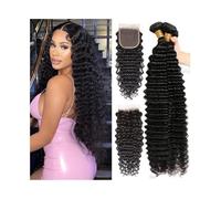 Utilizzo quotidiano Brasiliani Capelli Onda Profonda 3 Fasci con Chiusura Ricci Remy Capelli Umani Extensions 4x4 Chiusura in Pizzo con Parte Libera for Capelli del Bambino per le donne(26 28 30Closur
