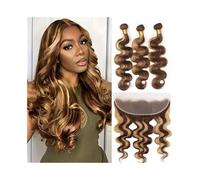 Utilizzo quotidiano Bundle di capelli mossi con frontale, P4/27, bundle di capelli umani brasiliani a doppia trama con pizzo frontale 13x4 per le donne(18 18 Closure 16)