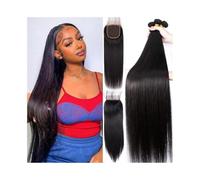 Utilizzo quotidiano Fasci di capelli lisci con chiusura da 8 a 30 pollici, fasci di capelli umani brasiliani neri naturali con parte libera, chiusura in pizzo 4x4 per le donne(20 20 20+Closure 18)