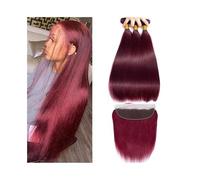 Utilizzo quotidiano Fasci di capelli lisci con trama frontale doppia brasiliana capelli umani tesse 3 4 fasci con frontale in pizzo HD 13x4 99j Borgogna per le donne(28 28 30 30Closure20)