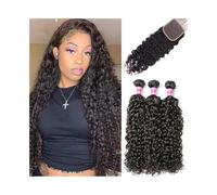 Utilizzo quotidiano Fasci di capelli mossi Water Wave con chiusura Extension for capelli umani Fasci di capelli mossi malesi Remy ricci con chiusura in pizzo 4x4 Colore naturale per le donne(20 20 20+