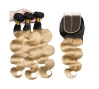 Utilizzo quotidiano Fasci di capelli umani Body Wave, fasci di capelli brasiliani 3/4 con chiusura in pizzo 4x4 Ombre 1B/27 Color Remy Hair Extension per le donne(22 22 22 with 20)
