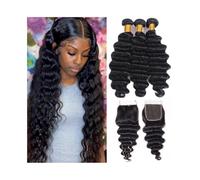 Utilizzo quotidiano Fasci di capelli umani con chiusura Fasci di capelli sciolti con onde profonde Fasci di capelli brasiliani con parte libera con chiusura in pizzo svizzero 4×4 per le donne(10 10 10