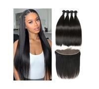 Utilizzo quotidiano Fasci di capelli umani lisci e setosi con pizzo frontale 13x4, capelli vergini brasiliani per le donne(10 10 10 with 10)