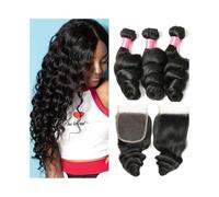 Utilizzo quotidiano Fasci di capelli umani ondulati sciolti con chiusura 4×4 Capelli brasiliani Remy 3 fasci con chiusura in pizzo Extension for capelli ricci ondulati per le donne(22 22 22+Closure20)