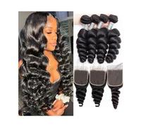 Utilizzo quotidiano Fasci di onde sciolte da 10-40 pollici con chiusura tessuto brasiliano dei capelli umani estensioni dei capelli ricci naturali dell'onda nera con pizzo frontale per le donne(4" x 4