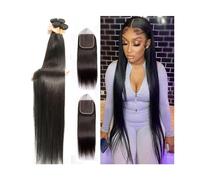 Utilizzo quotidiano Fasci lisci ossei con chiusura Estensione del tessuto dei capelli umani Fasci di capelli lisci brasiliani di colore naturale con frontale for donne nere per le donne(5" x 5",28 28