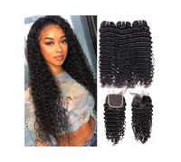 Utilizzo quotidiano Fasci ricci con chiusura 4×4 Extension for capelli umani malesi a onde profonde 3 fasci con chiusura in pizzo per le donne(18+20+22+Closure 16)
