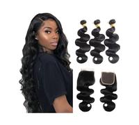Utilizzo quotidiano Pacchetti di capelli umani con chiusura Body Wave Brasiliani Remy Hair Weave 3 pacchetti con parte libera 4x4 Chiusura in pizzo svizzero Colore naturale per le donne(24 26 28Closur