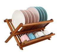 Utoplike Scolapiatti pieghevole in teak, a 2 ripiani, scolapiatti pieghevole, organizer per piatti da cucina, compatto