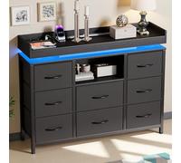 UTTQEW Cassettiera per camera da letto, mobile portaoggetti con illuminazione a LED, multipresa, porta USB, porta tipo-C, armadio con 8 cassetti in tessuto, per soggiorno, camera da letto, ingresso