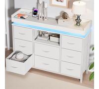 UTTQEW Cassettiera per camera da letto, mobile portaoggetti con illuminazione a LED, multipresa, porta USB, porta tipo-C, armadio con 8 cassetti in tessuto, per soggiorno, camera da letto, ingresso