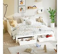 UTTQEW Divano letto imbottito 90 x 200 cm, letto con 2 cassetti, letto singolo multifunzionale, letto per gli ospiti con rete a doghe in legno, senza materasso, bianco