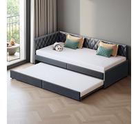 UTTQEW Divano letto in legno massiccio 90/180 x 200 cm, letto divano a 2 posti convertibile con 2 cassetti portaoggetti e rete a doghe divano letto allungabile con schienale e braccioli, senza