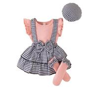 UUAISSO Completo per Bambina Composto da Top a Coste Senza Maniche a Quadri Gonna con Bretelle e Cappellino