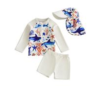 UUAISSO Costume da bagno a maniche lunghe per bambini, con costume da bagno e cappello da sole, Stella marina Orca, 12-18 Mesi