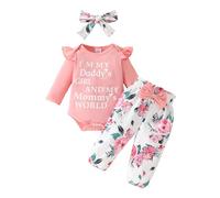 UUAISSO Neonato Vestiti Della Ragazza Manica Lunga Del Pagliaccetto Magliette E Camicette Pantaloni Floreali Set Della Fascia Infantile Della Ragazza di Autunno Abiti Lettera rosa 0-3 mesi