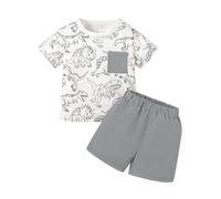 UUAISSO Set di Vestiti Estivi per Neonati Bambino a Maniche Corte con Tasche a Forma di Dinosauro e Pantaloncini Tinta Unita Grigio 5-6 anni