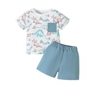 UUAISSO Set di Vestiti Estivi per Neonati Bambino a Maniche Corte con Tasche a Forma di Dinosauro e Pantaloncini Tinta Unita Blu 18-24 mesi