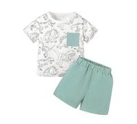 UUAISSO Set di Vestiti Estivi per Neonati Bambino a Maniche Corte con Tasche a Forma di Dinosauro e Pantaloncini Tinta Unita Verde 18-24 mesi