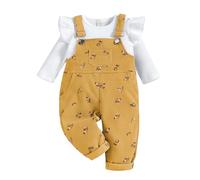 UUAISSO Vestiti per Bambine Top a Maniche Lunghe in Maglia Coste Pantaloni con Bretelle Floreali e Tasche Set Di Abiti Giallo 12-18 mesi