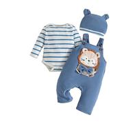 UUAISSO Vestiti per Neonato Maglie a Maniche Lunghe a Righe con Stampa di Dinosauri Tuta Regolabile con Bretelle Pantaloni Set di Abiti Righe blu 3-6 mesi