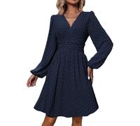 UUAISSO Vestito Casual da Donna Manica Lunga Vita Alta A Line Abiti Avvolgenti Scollo a V Midi Dress Swiss DOT Blu Navy XL