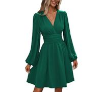 UUAISSO Vestito Casual da Donna Manica Lunga Vita Alta A Line Abiti Avvolgenti Scollo a V Midi Dress Verde L