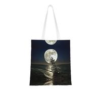 Uusnwaa Borsa a tracolla riutilizzabile con stampa di nave a vela in tempesta, grande, per la spesa, leggera, lavabile, per viaggi, lavoro, scuola