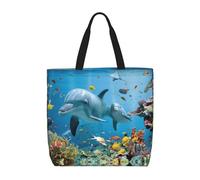 Uusnwaa Borsa tote da donna, con stampa delfino oceano, borsa a tracolla, borsa per la spesa riutilizzabile, chiusura con cerniera superiore, elementi essenziali quotidiani