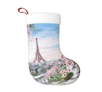 Uusnwaa Calze natalizie con stampa a forma di Torre Eiffel di Parigi, con stampa floreale, con polsino in peluche bianco super morbido, per decorazioni natalizie in famiglia