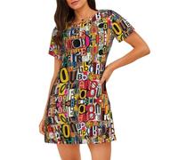 Uusnwaa Camicia da notte da donna a maniche corte morbida con stampa di lettere e numeri, Nero , S