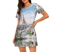 Uusnwaa Camicia da notte da donna a maniche corte morbida con stampa Torre Eiffel Parigi, Nero , 3XL