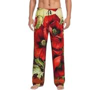 Uusnwaa Pantaloni da pigiama da uomo con stampa di papaveri rossi, pantaloni da salotto con tasche e coulisse, elastico in vita, pantaloni pigiama da notte S-Xxxl, Nero , XL