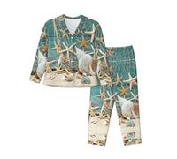 Uusnwaa Pigiama da donna a maniche lunghe con stampa a stelle marine e conchiglie, Nero , XXL