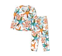 Uusnwaa Pigiama da donna a maniche lunghe con stampa di stelle marine e corallo, Nero , M