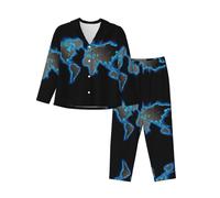 Uusnwaa Pigiama da donna a maniche lunghe con stampa mappa del mondo, Nero , S