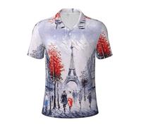 Uusnwaa Polo da uomo a maniche corte con stampa artistica con albero della città di Parigi e Torre Eiffel, camicia da golf alla moda, camicie estive traspiranti, Nero , 4XL