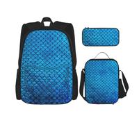 Uusnwaa Set di 3 zaini per la scuola con stampa a squame di pesce blu, grande capacità, resistente all'acqua, con borsa termica per il pranzo e astuccio per matite per ragazzi delle scuole medie e per