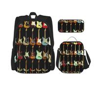 Uusnwaa Set di 3 zaini per la scuola con stampa di chitarra artistica, grande capacità, resistente all'acqua, con borsa termica per il pranzo e astuccio per matite per ragazzi delle scuole medie