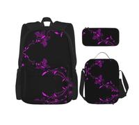 Uusnwaa Set di 3 zaini per la scuola con stampa di farfalle viola e nero, grande capacità, resistente all'acqua, con borsa termica per il pranzo e astuccio per matite, per ragazzi delle scuole medie e