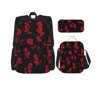 Uusnwaa Set di 3 zaini per la scuola con stampa di teschi e rose, grande capacità, resistente all'acqua, con borsa termica per il pranzo e astuccio per matite per ragazzi delle scuole medie