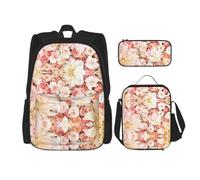 Uusnwaa Set di 3 zaini per la scuola con stampa floreale bianca, grande capacità, resistente all'acqua, con borsa termica per il pranzo e astuccio per matite per ragazzi delle scuole medie, forniture