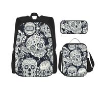 Uusnwaa Set di 3 zaini per la scuola con stampa floreale e teschio, grande capacità, resistente all'acqua, con borsa termica per il pranzo e astuccio, per ragazzi delle scuole medie, forniture per il