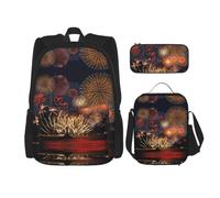 Uusnwaa Set di 3 zaini per la scuola con stampa fuochi d'artificio, grande capacità, resistente all'acqua, con borsa termica per il pranzo e astuccio per matite, per ragazzi delle scuole medie e per