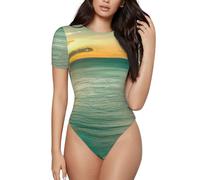 Uusnwaa T-shirt da donna a maniche corte con scollo rotondo slim fit top basic Sunrise Over Hanauma Bay Oahu Hawaii Print Body, tuta elastica estiva, Nero , S